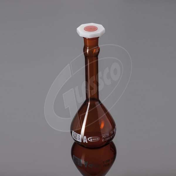 Volumetric Flask Amber Color, QR-Coded, CLASS A, SERIALIZED, With Polyethylene Stopper, ASTM